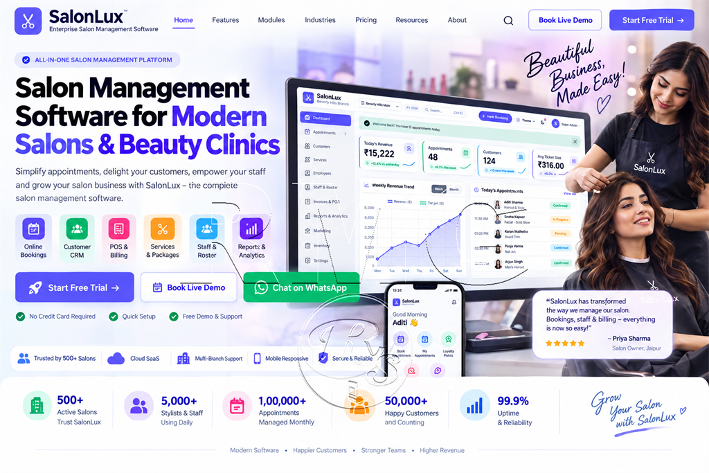 SalonLux Enterprise salon management software dashboard showing daily appointments, stylist productivity, chair occupancy, and revenue analytics